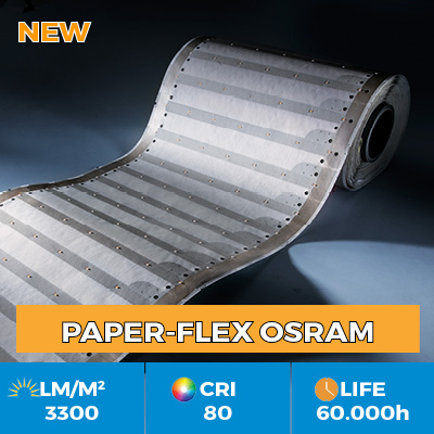 Tiras Profissionais de Papel-Flex Osram LED com 35 cm de largura e 3300 lm por metro quadrado. Pode iluminar 9 metros quadrados ao mesmo tempo!